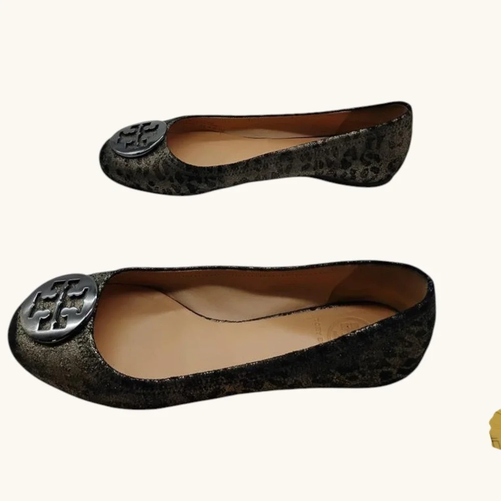 Tory Burch Ballet Flats‎ Luisa Anthracite Print Metallic Logo Women's Size 8M